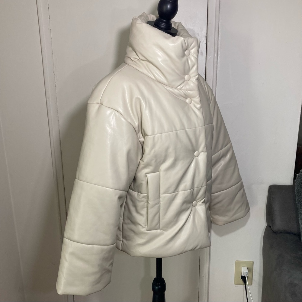 Faux Leather Cream Puffer Jacket High Neck Funnel Neck Coat - Picture 9 of 17
